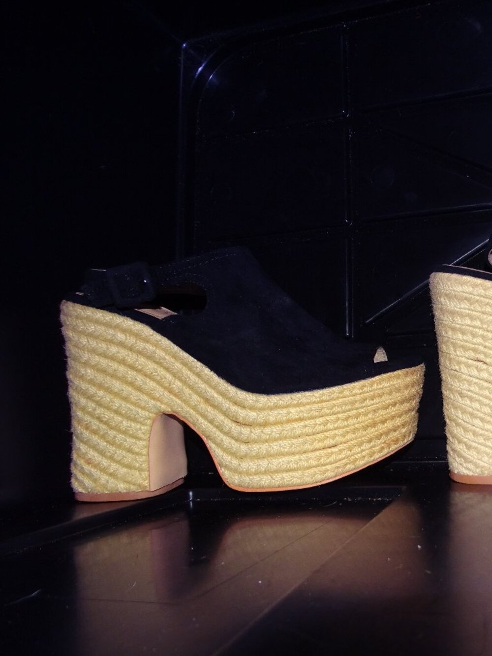 Marquiiz Rattan Wedge Sandals Size 39 Black Suede Mary Jane Strap Woven Heel